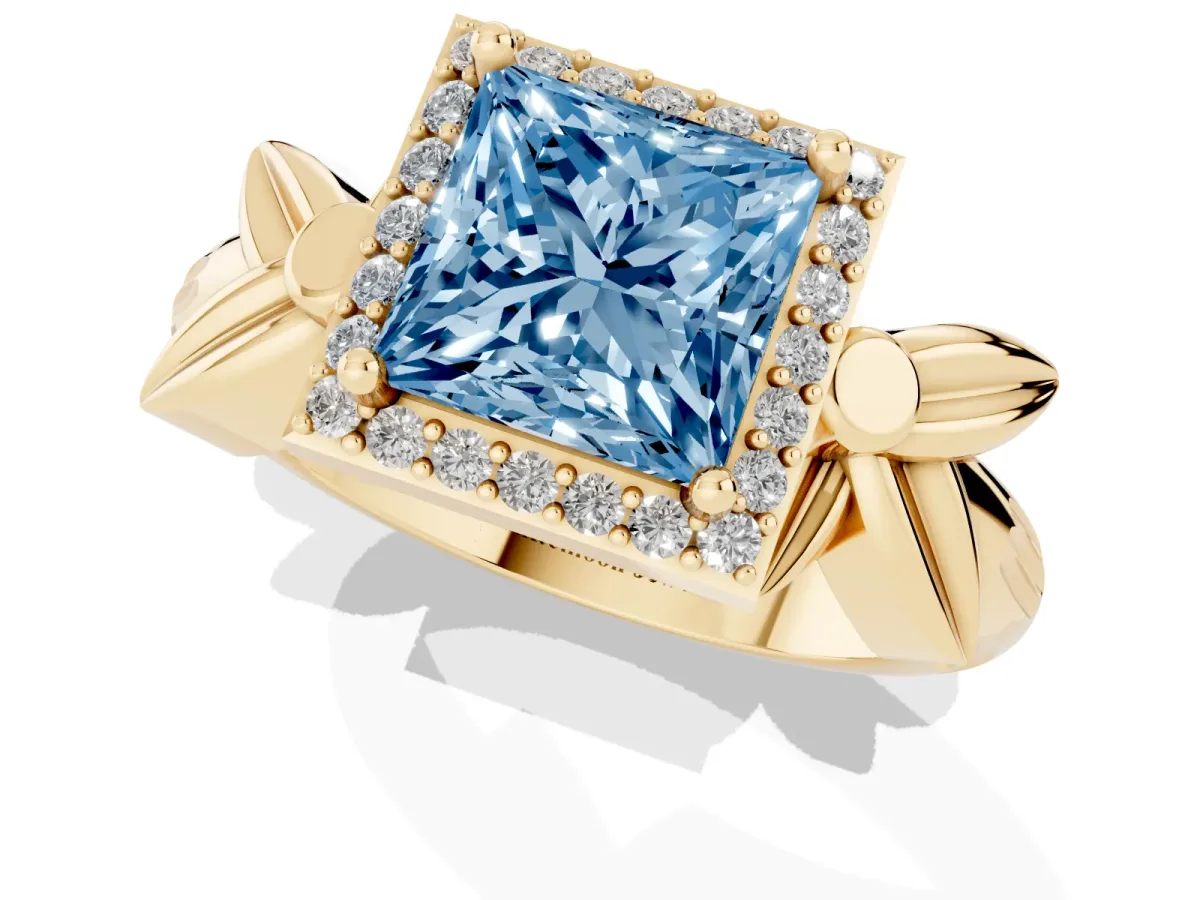 Fancy Blue Princess Cut Halo Diamond Floral Band with Four-Prong Setting Yellow gold