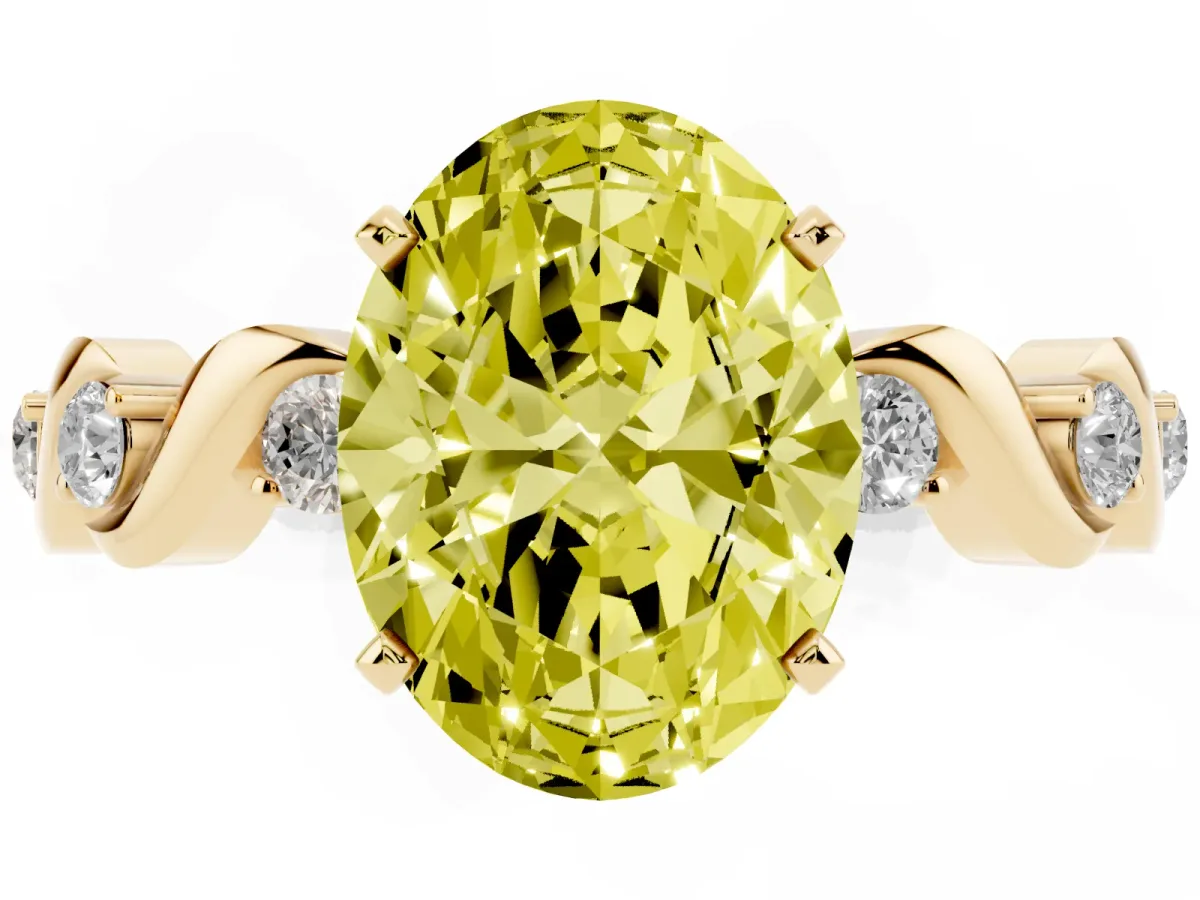 Fancy Yellow Oval Cut Diamond Solitaire Twisted Band with Round Accents and Prong Setting Yellow gold