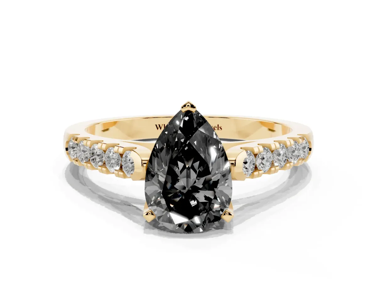Fancy Black Pear Cut Diamond Pavé Band Solitaire Ring with Prong Setting Yellow gold
