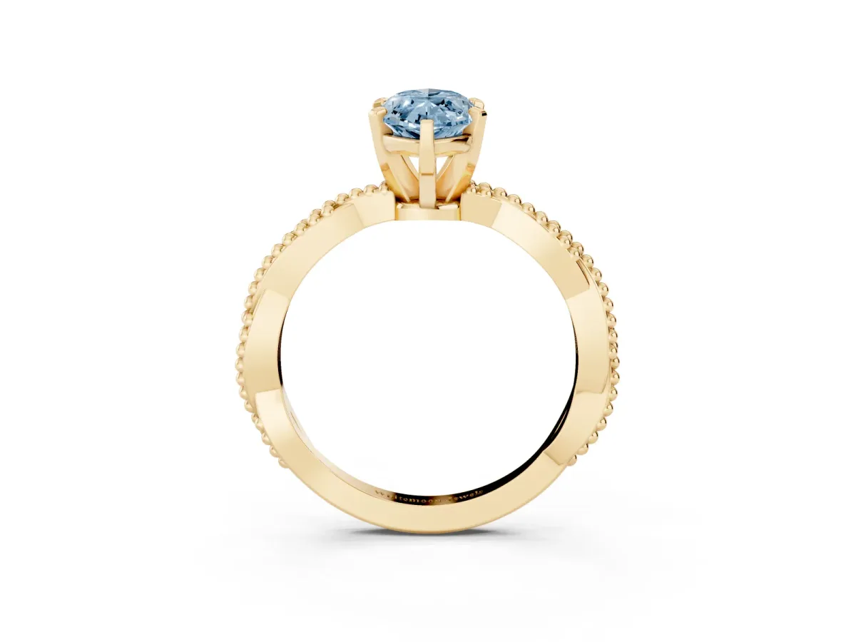 Fancy Blue Marquise Cut Solitaire Twisted Band with Bead Prong Setting Yellow gold
