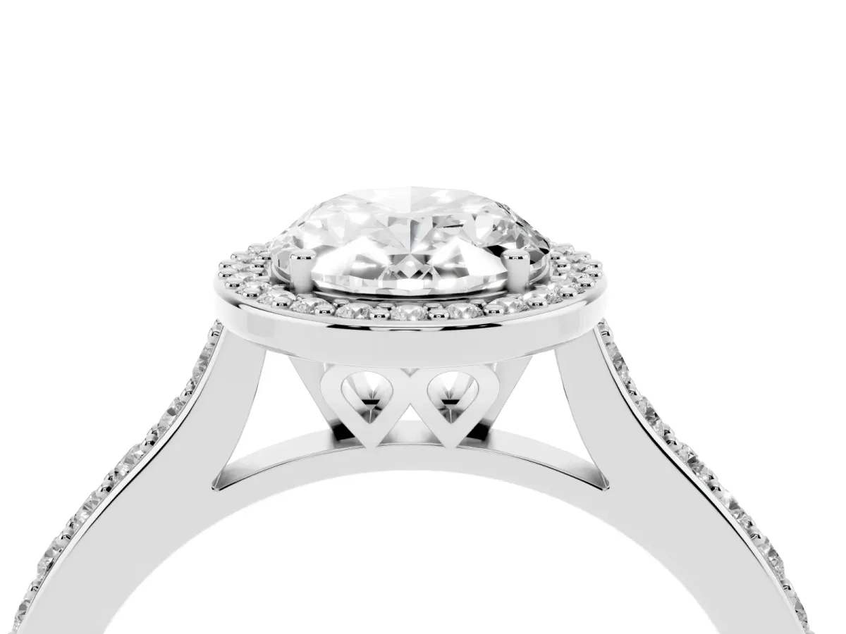 Oval Cut Diamond Halo Engagement Ring with Round Pavé Shoulders and Prong Setting Silver