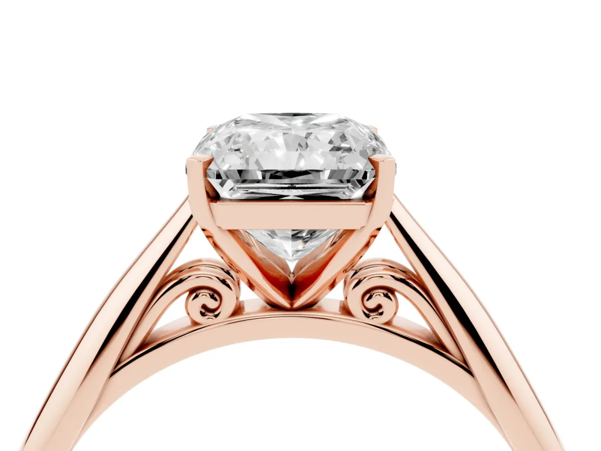 Radiant Cut Diamond Solitaire Engagement Ring with Cathedral Setting and Four-Prong Mount Rose gold