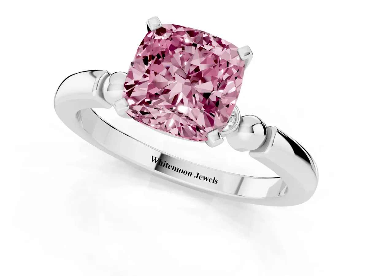 Fancy Pink Cushion Cut Solitaire Beaded Band with Four-Prong Setting Platinum