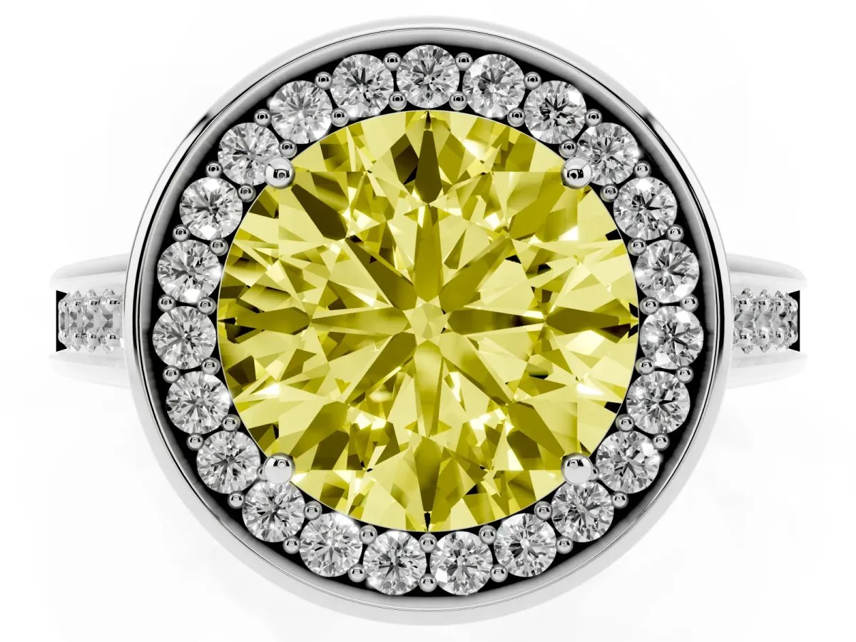 Fancy Yellow Round Cut Halo Solitaire Diamond Ring with Pave Band and Bezel Setting Silver
