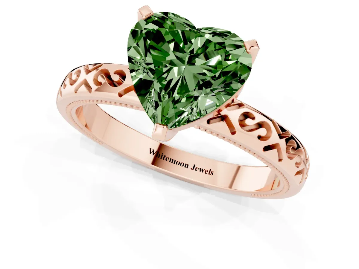 Fancy Green Heart Cut Solitaire Engagement Ring with Scrollwork Band and Four-Prong Setting Rose gold