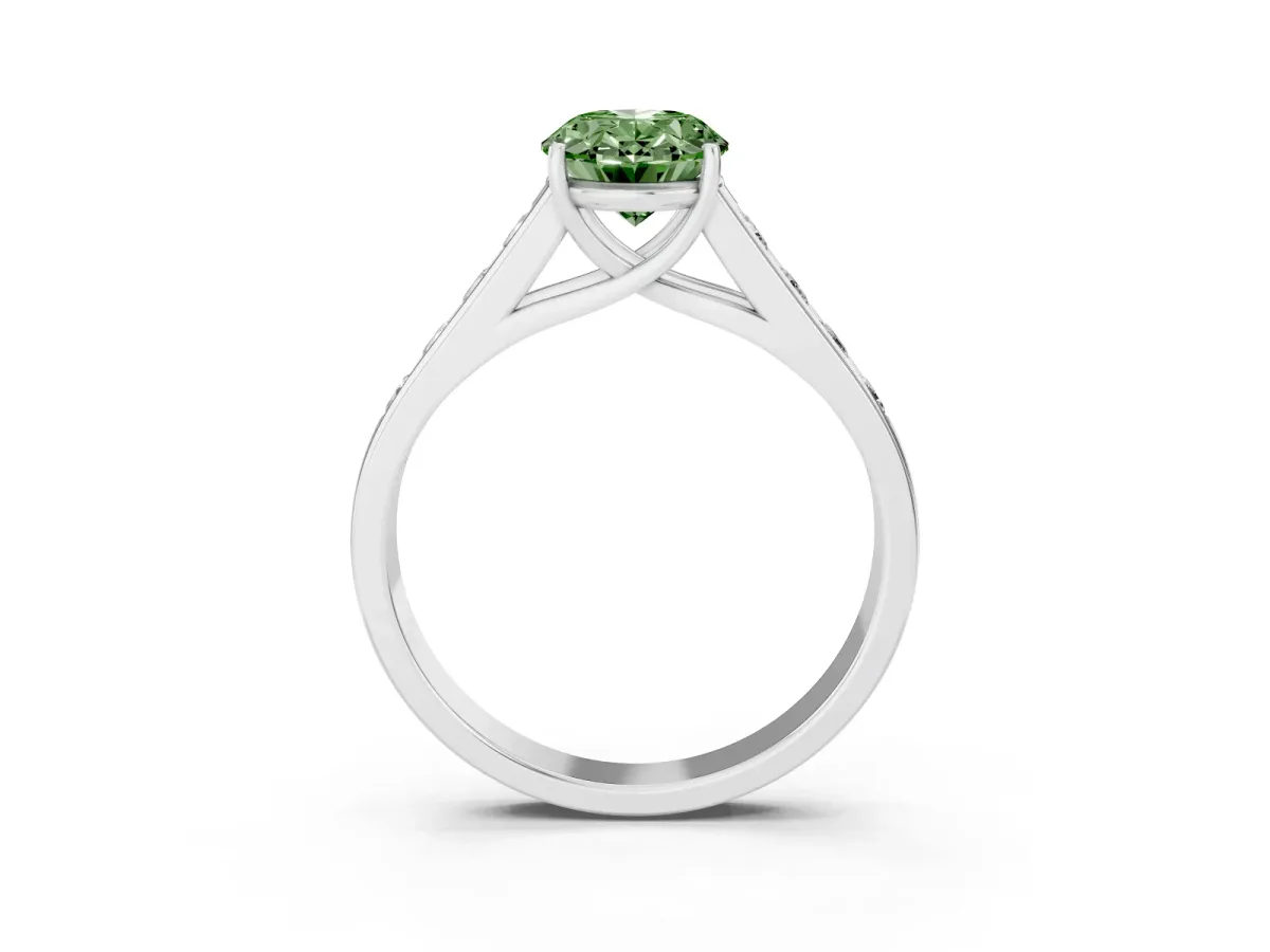 Fancy Green Oval Cut Solitaire Channel-Set Diamond Engagement Ring with Four-Prong Setting Silver