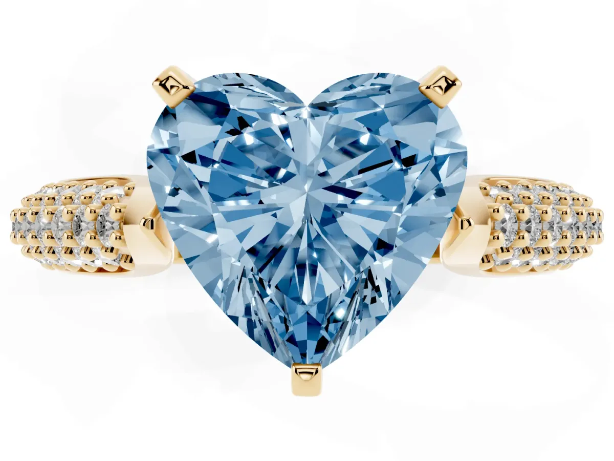 Fancy Blue Heart Cut Diamond Solitaire Engagement Ring with Multi-Row Round Pavé Band and Prong Setting Yellow gold