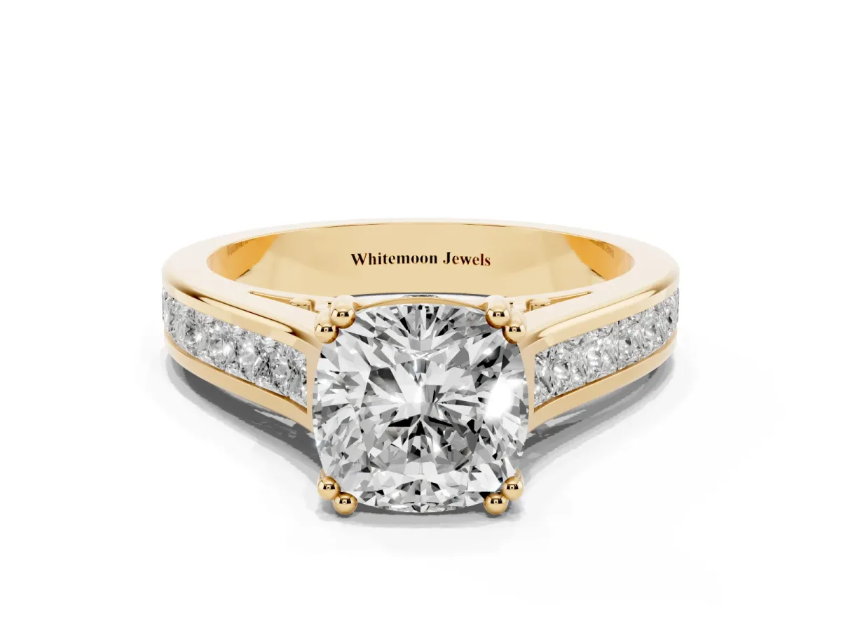 Cushion Cut Cut Channel Set Solitaire Engagement Ring with Prong Setting Yellow gold