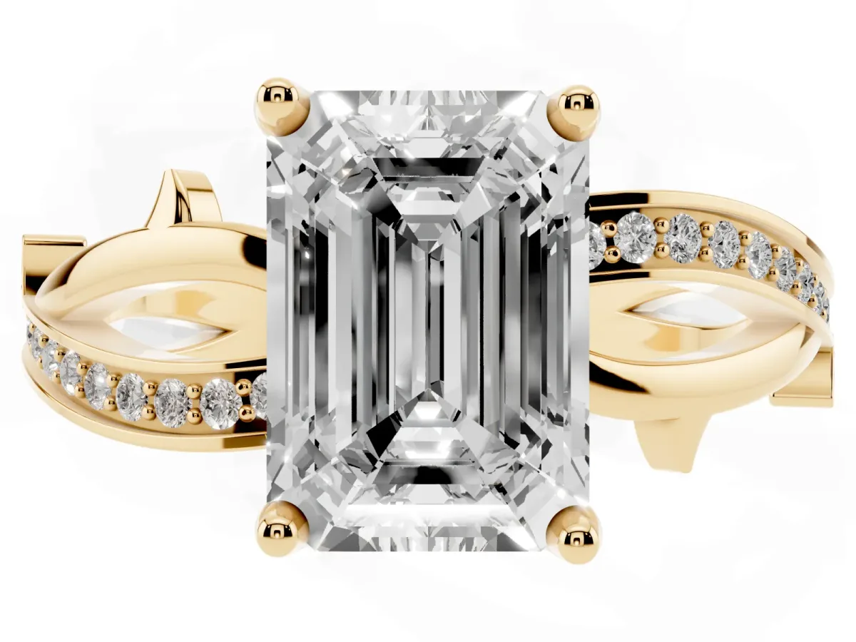 Emerald Cut Solitaire Twist Band with Pavé Accents and Four-Prong Setting Yellow gold