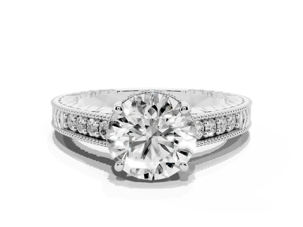 Round Cut Solitaire Pavé Diamond Milgrain Engagement Ring with Four-Prong Setting Silver