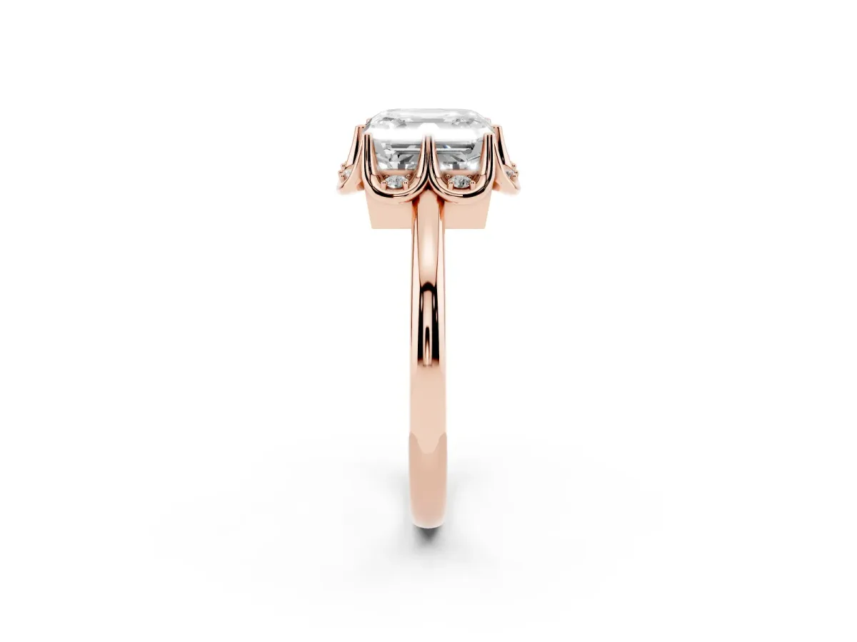 Asscher Cut Halo Diamond Ring with Round Cluster Setting, Solitaire Band, and Four-Prong Setting Rose gold