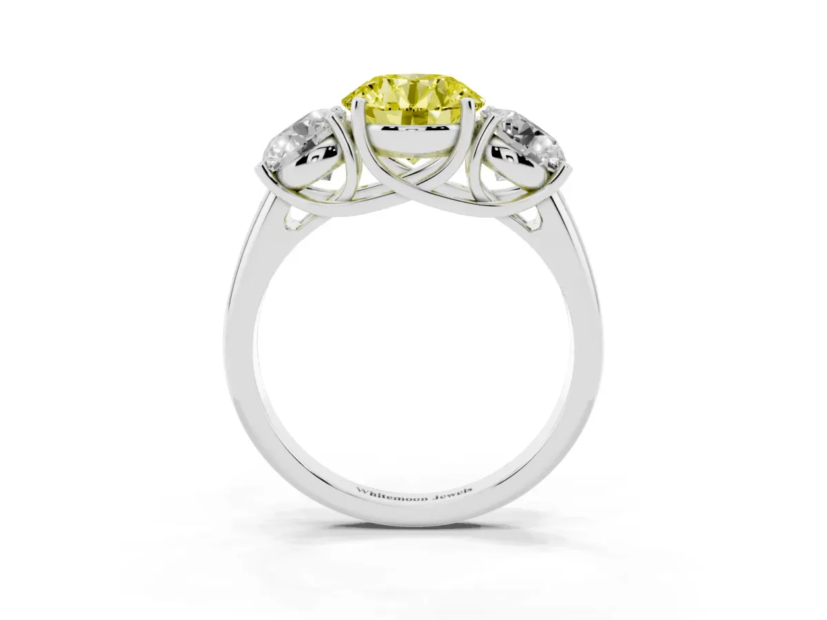 Fancy Yellow Three-Stone Round Cut Diamond Engagement Ring with Prong Setting Platinum