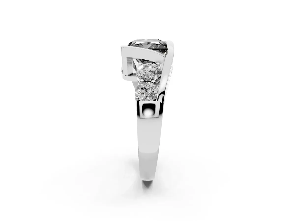 Fancy Black Bezel Set Princess Cut Diamond Bypass Ring with Round Accents Silver