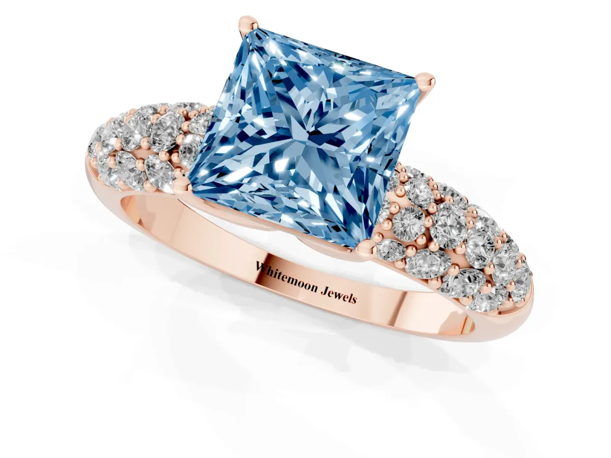 Fancy Blue Princess Cut Diamond Pavé Band Solitaire Ring with Four-Prong Setting Rose gold