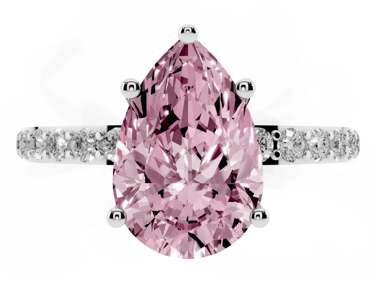 Fancy Pink Pear Cut Diamond Solitaire Ring with Round Pavé Shoulders and Prong Setting Silver