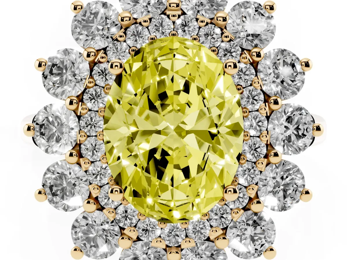Fancy Yellow Oval Cut Diamond Floral Double Halo Engagement Ring with Prong Setting Yellow gold