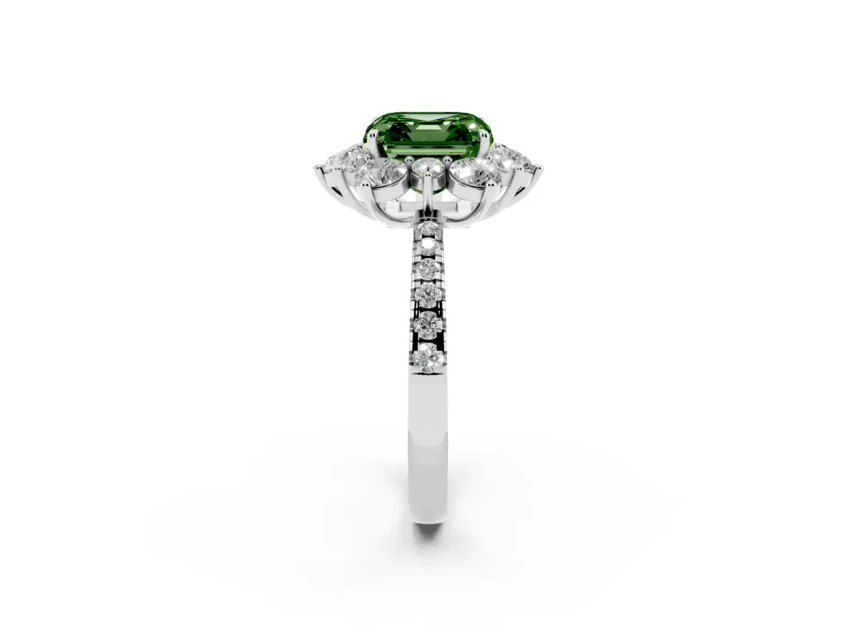 Fancy Green Asscher Cut Diamond Floral Halo Ring with Round Pavé Band and Prong Setting Platinum