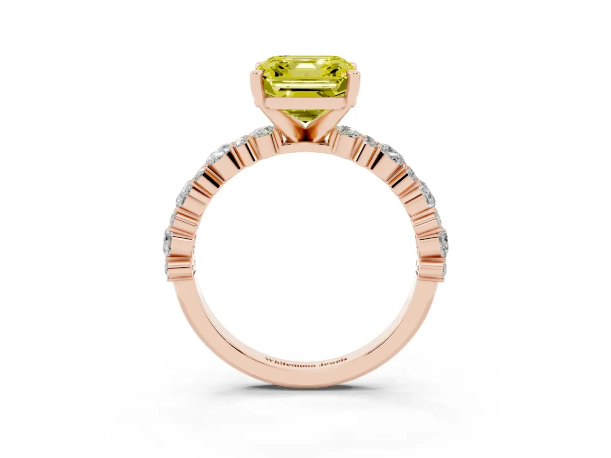 Fancy Yellow Asscher Cut Diamond Side Stone Solitaire Ring with Round and Four-Prong Setting Rose gold