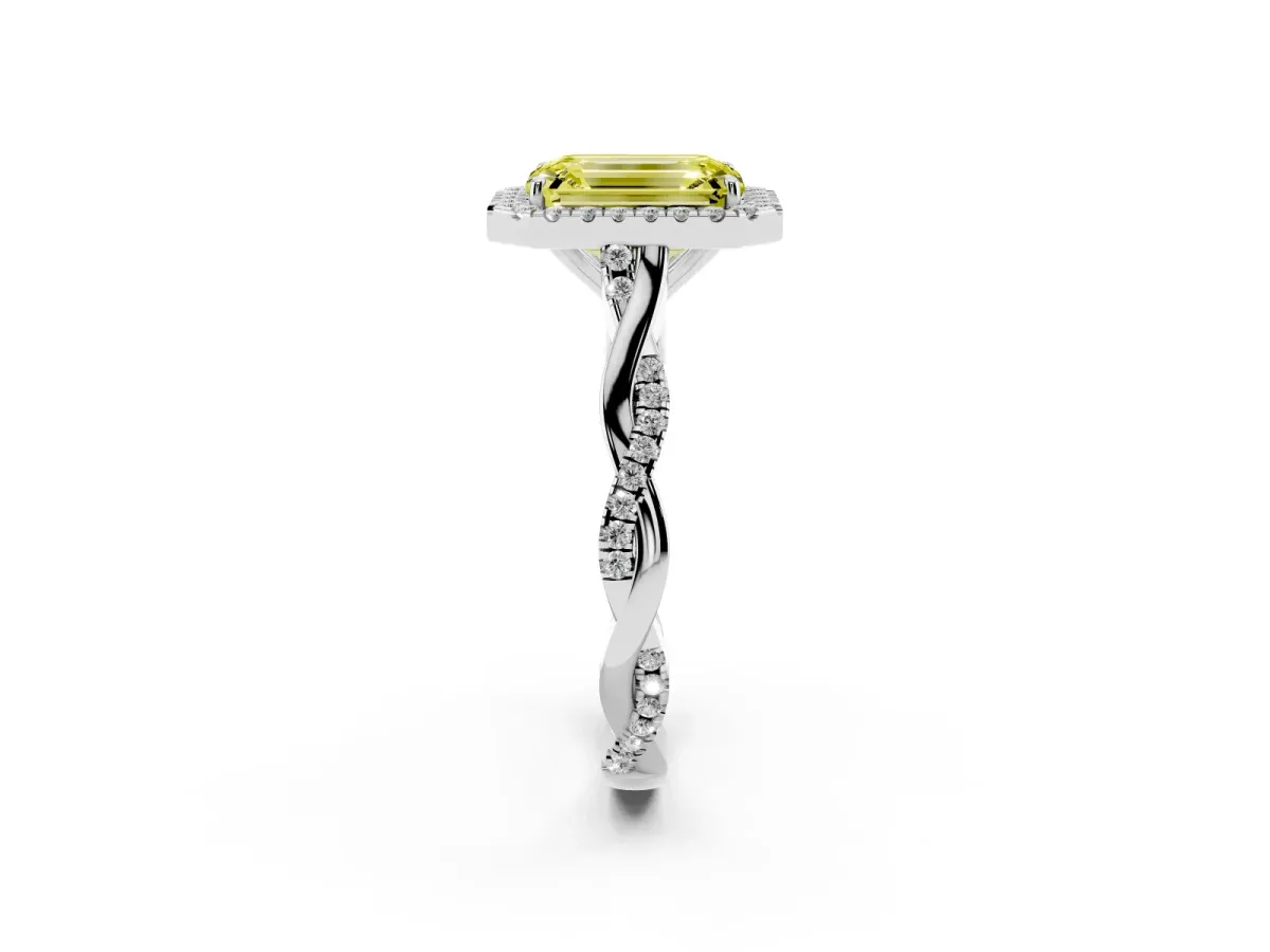 Fancy Yellow Emerald Cut Halo Twist Band Solitaire Ring Silver