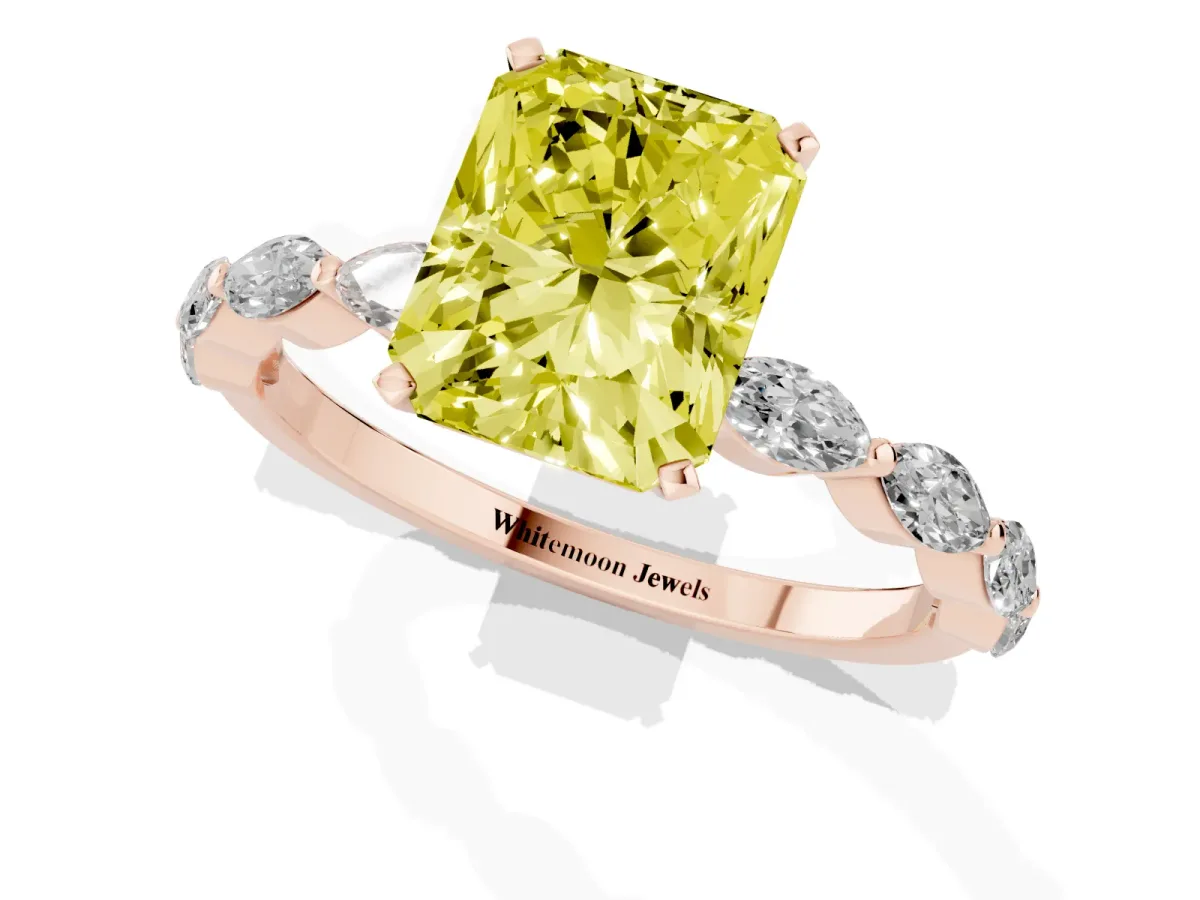 Fancy Yellow Radiant Cut Diamond Ring with Marquise Side Stones and Prong Setting Rose gold