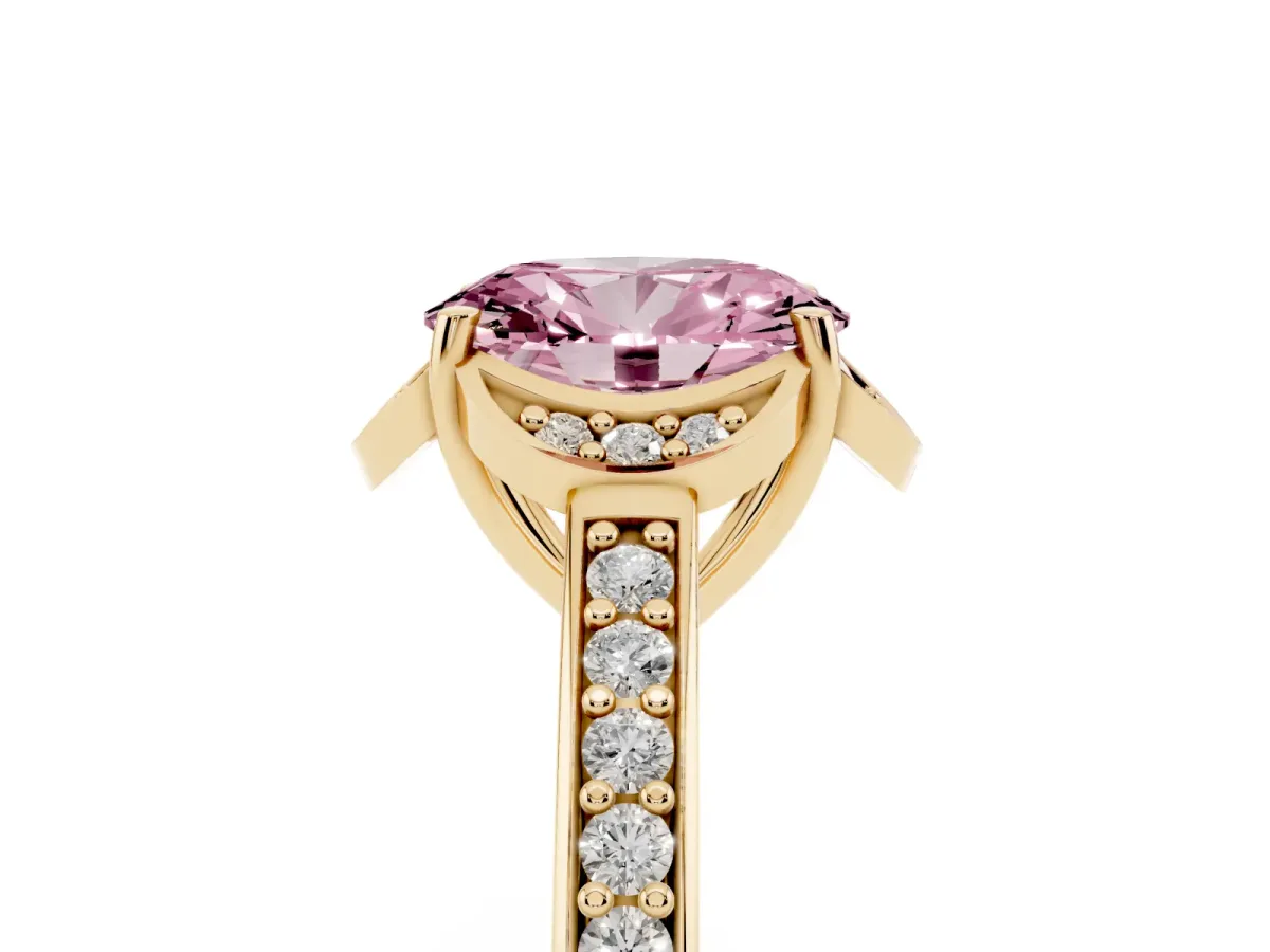Fancy Pink Oval Cut Cut Halo Diamond Ring with Channel Set Band and Four-Prong Setting Yellow gold