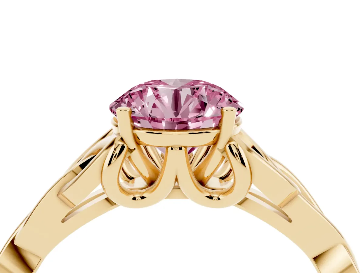 Fancy Pink Round Cut Diamond Solitaire Engagement Ring with Celtic Knot Band and Four-Prong Setting Yellow gold