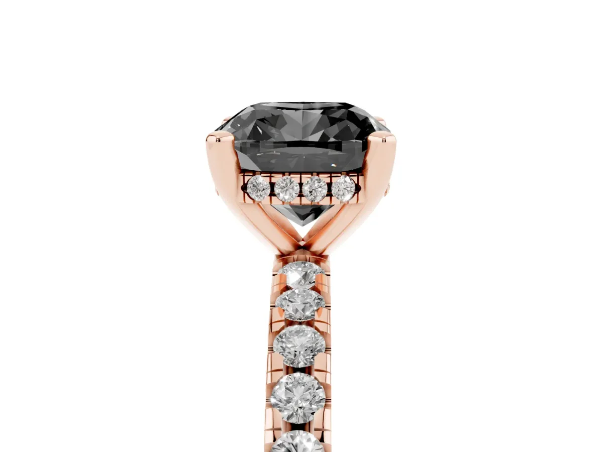 Fancy Black Cushion Cut Diamond Solitaire Ring with Round Pavé Band and Four-Prong Setting Rose gold
