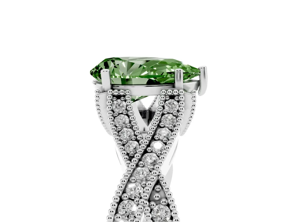 Fancy Green Pear Cut Cut Diamond Twisted Band with Milgrain Pave Setting and Four-Prong Setting Silver