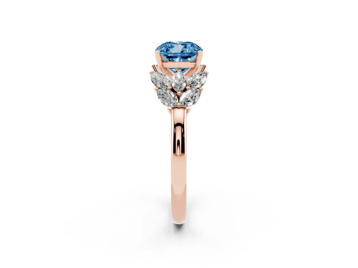 Fancy Blue Cushion Cut Diamond Cluster Leaf Design Ring with Prong Setting Rose gold