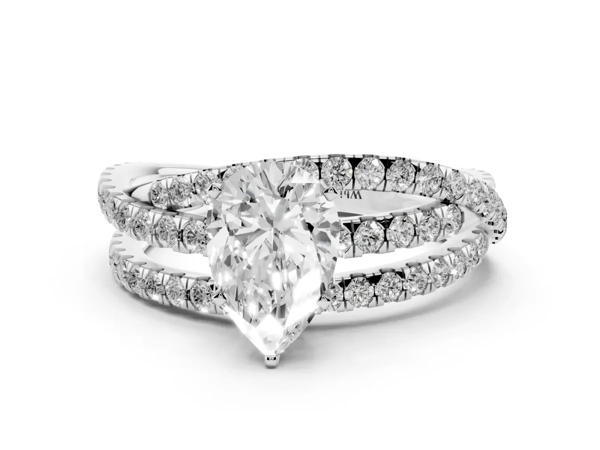 Pear Cut Solitaire Twist Band with Pavé Setting and Four-Prong Setting Platinum