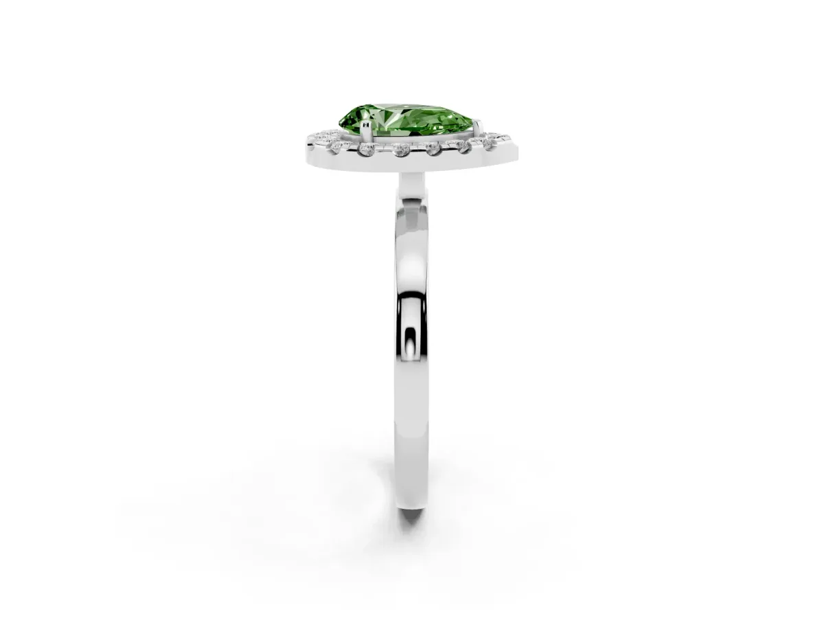 Fancy Green Pear Cut Halo Diamond Solitaire with Pavé Band and Four-Prong Setting Silver