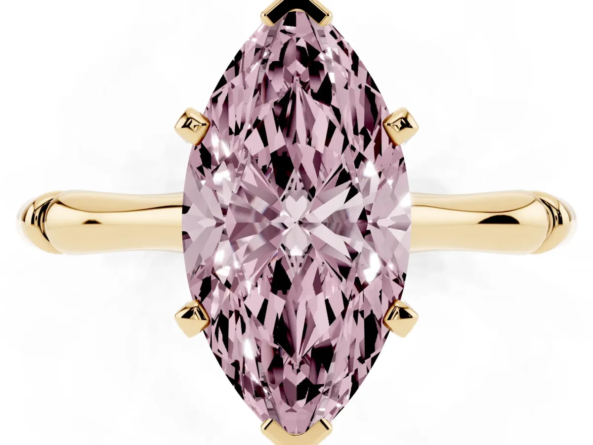 Fancy Pink Marquise Cut Solitaire Diamond Ring with Bamboo Band and Four-Prong Setting Yellow gold