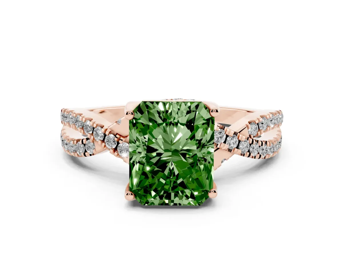 Fancy Green Radiant Cut Solitaire Twist Pave Diamond Engagement Ring with Prong Setting Rose gold