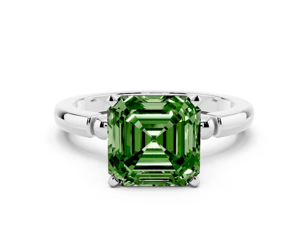 Fancy Green Asscher Cut Solitaire Beaded Band with Four-Prong Setting Silver