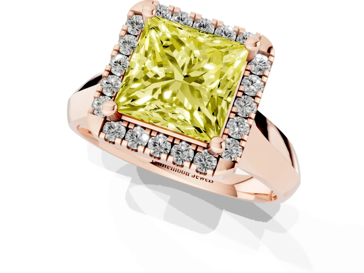 Fancy Yellow Princess Cut Cut Halo Solitaire Engagement Ring with Square Band and Four-Prong Setting Rose gold