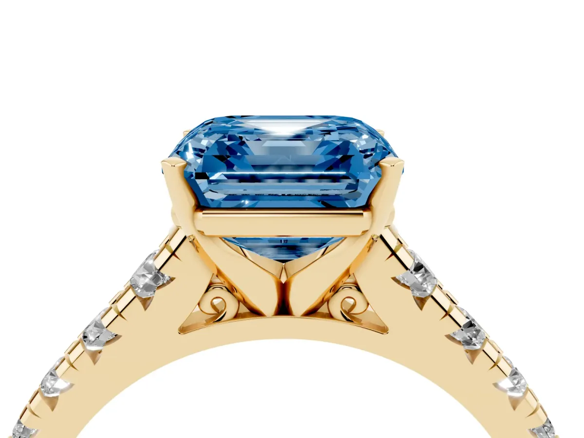 Fancy Blue Asscher Cut Diamond Cathedral Solitaire Ring with Round Pavé Band Yellow gold