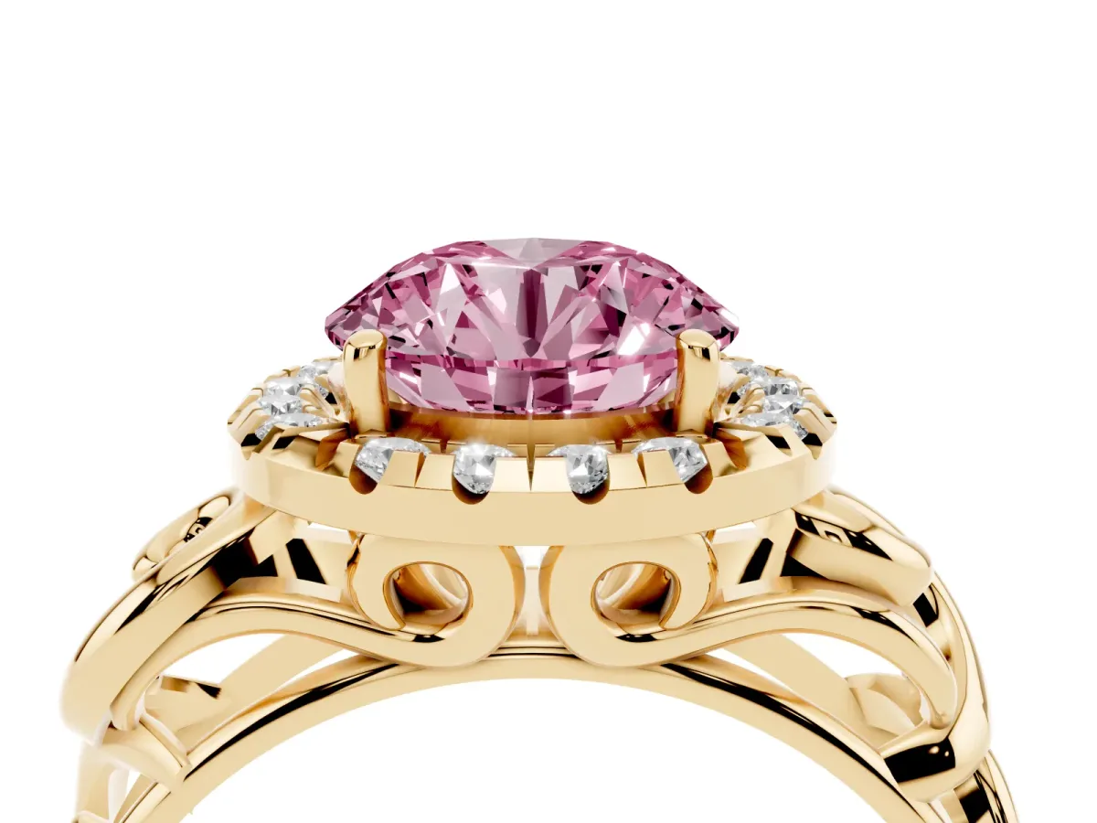 Fancy Pink Round Cut Cut Halo Diamond Ring with Scrollwork Band and Four-Prong Setting Yellow gold