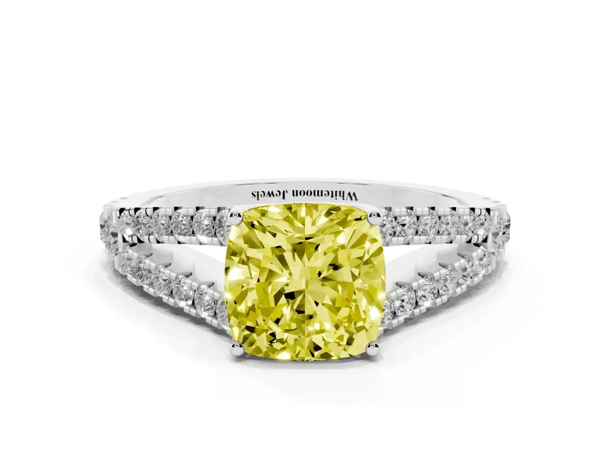 Fancy Yellow Cushion Cut Diamond Split Shank Engagement Ring with Round Pavé and Prong Setting Silver
