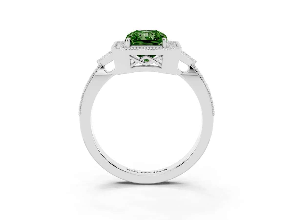 Fancy Green Radiant Cut Halo Round Diamond Milgrain Pave Engagement Ring Platinum