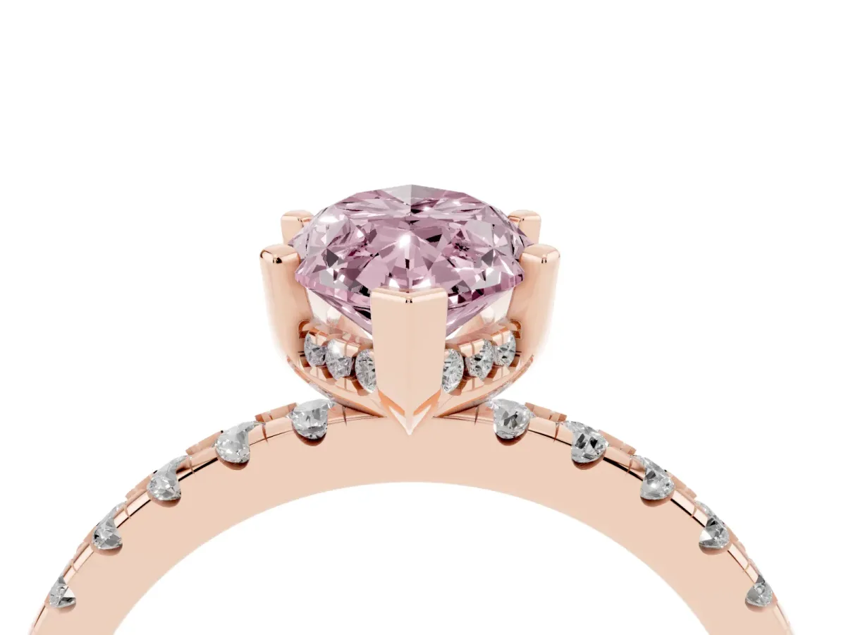 Fancy Pink Marquise Cut Diamond Solitaire Ring with Round Pavé Band and Four-Prong Setting Rose gold