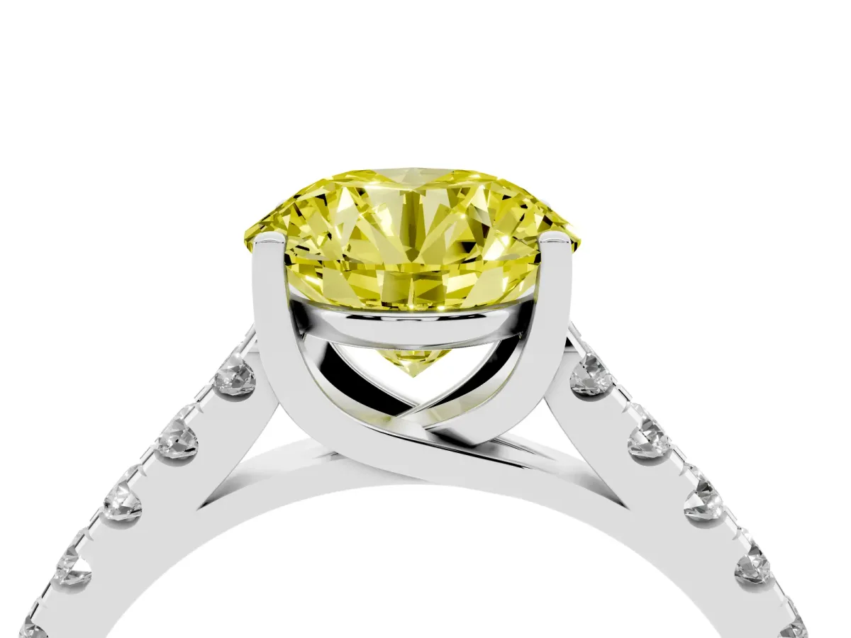 Fancy Yellow Round Cut Diamond Pavé Band Solitaire Ring with Prong Setting Silver