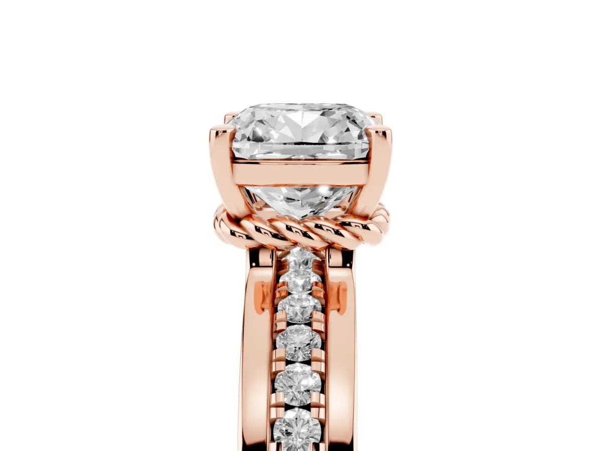 Cushion Cut Solitaire Diamond Ring with Channel Set Band and Six-Prong Setting Rose gold