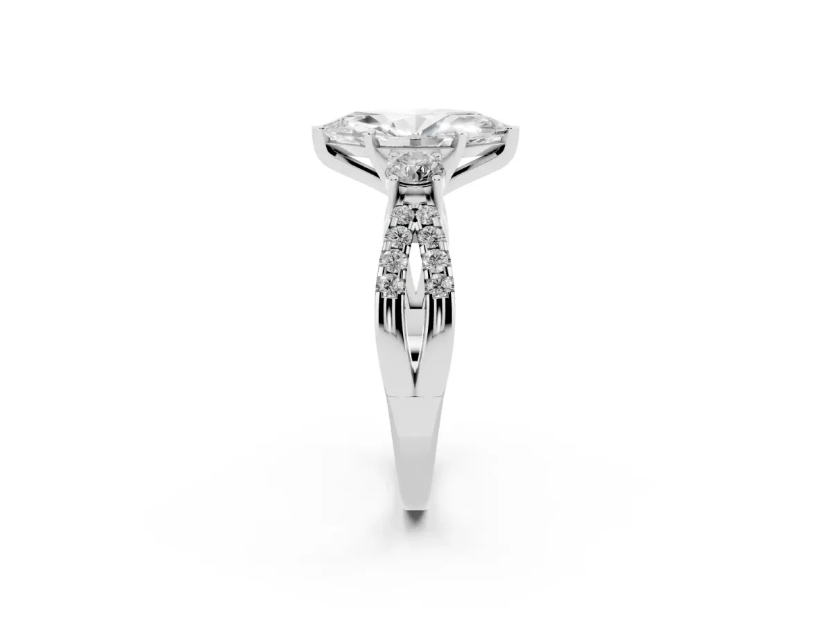 Marquise Cut Diamond Three-Stone Ring with Pavé Split Shank and Four-Prong Setting White gold