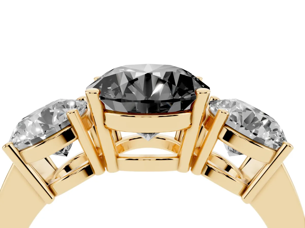 Fancy Black Three-Stone Round Cut Cut Diamond Engagement Ring with Flat Band and Four-Prong Setting Yellow gold