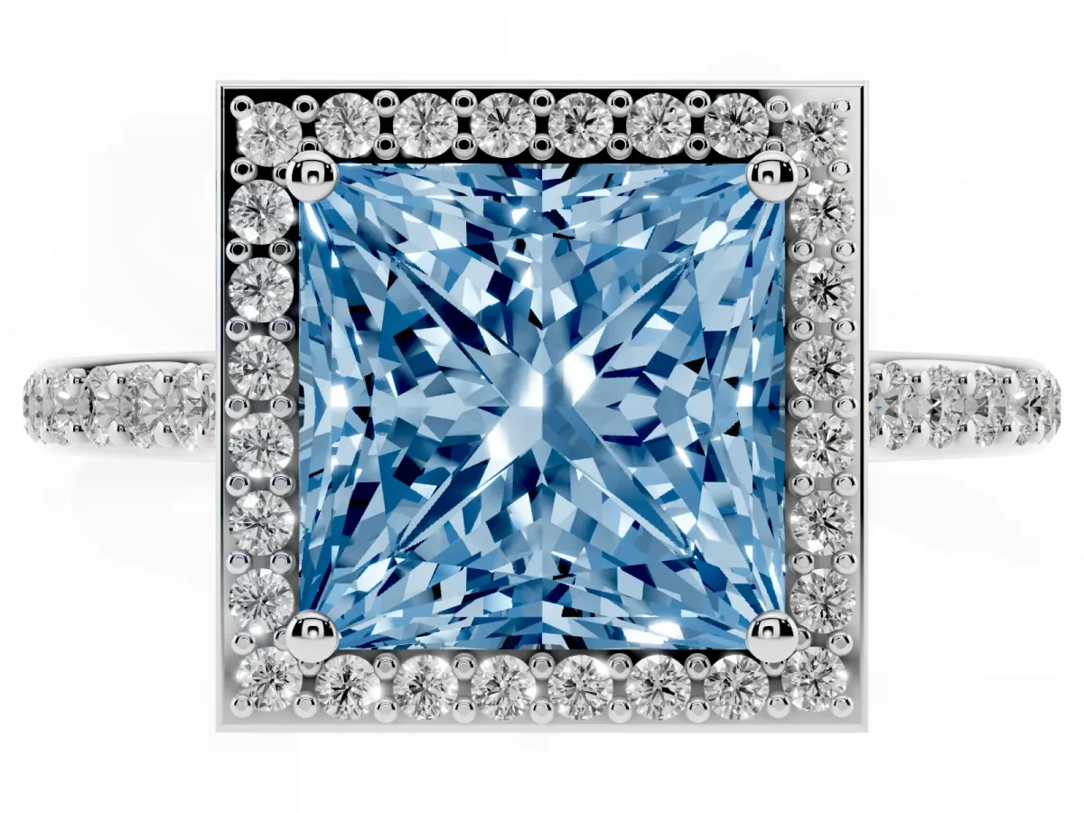 Fancy Blue Princess Cut Diamond Halo Engagement Ring with Round Pavé Shoulders and Prong Setting Silver