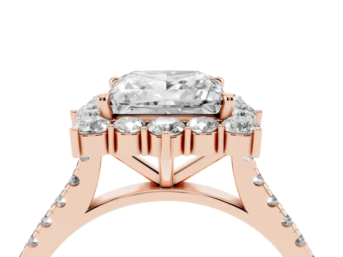 Princess Cut Halo Diamond Ring with Pavé Band and Prong Setting Rose gold