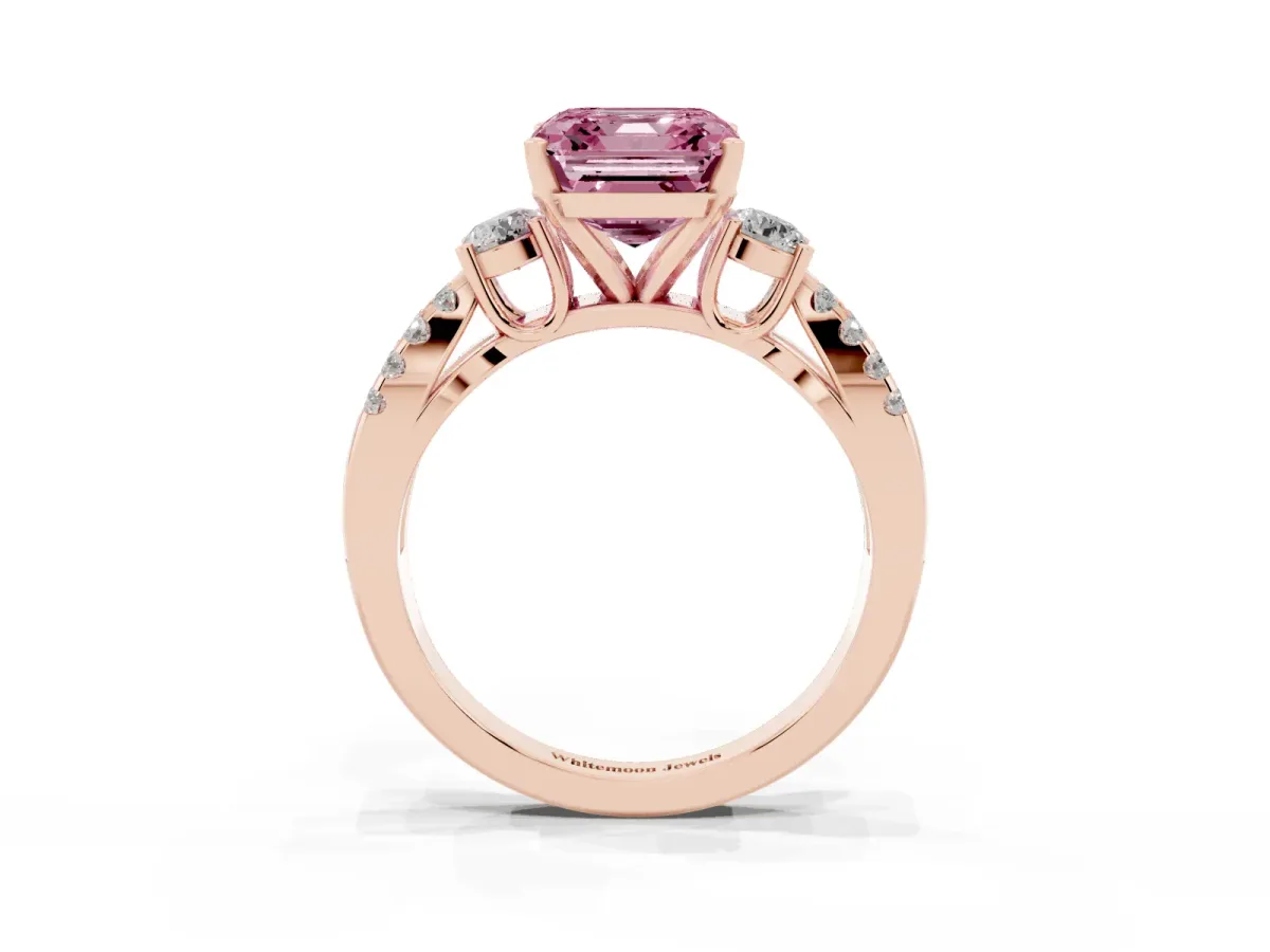 Fancy Pink Asscher Cut Diamond Three-Stone Ring with Pavé Split Shank and Four-Prong Setting Rose gold