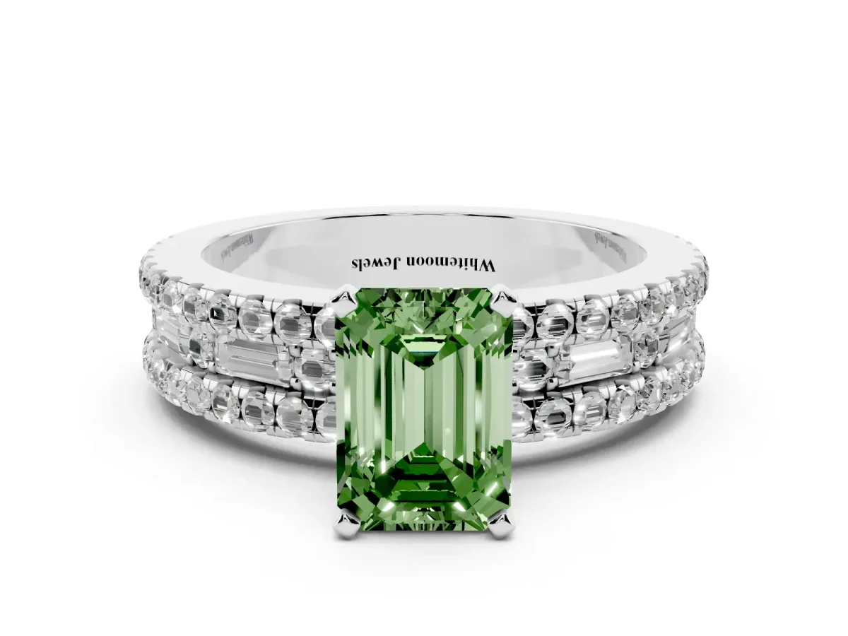 Fancy Green Emerald Cut Diamond Solitaire Ring with Pavé and Channel Set Band Silver