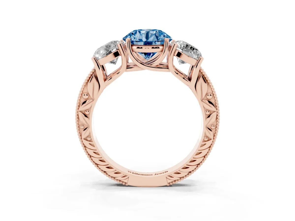Fancy Blue Three-Stone Round Cut Cut Milgrain Pavé Engagement Ring Rose gold