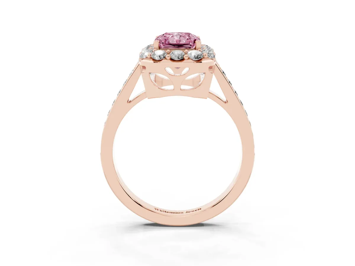 Fancy Pink Radiant Cut Diamond Floral Halo Ring with Pavé Band and Prong Setting Rose gold